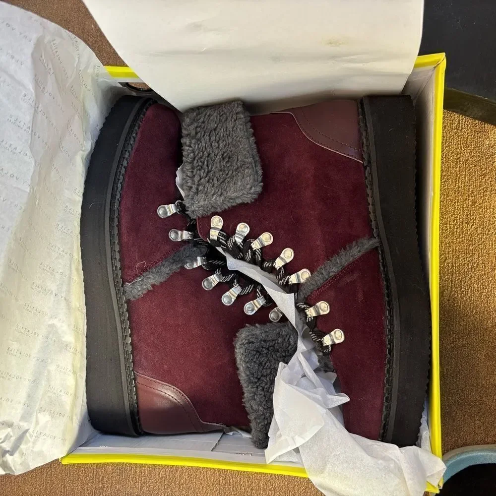 NEW Very Volatile Tonkin Women’s Leather Ankle Boot. Faux Fur Burgundy Size 10